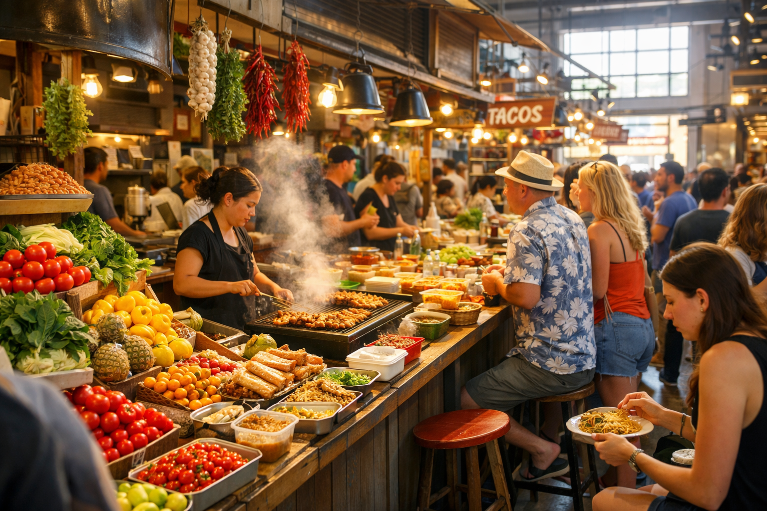 Busy food market with stalls to browse