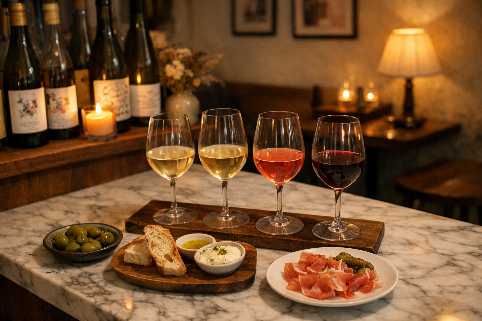 Intimate wine bar with a flight of glasses