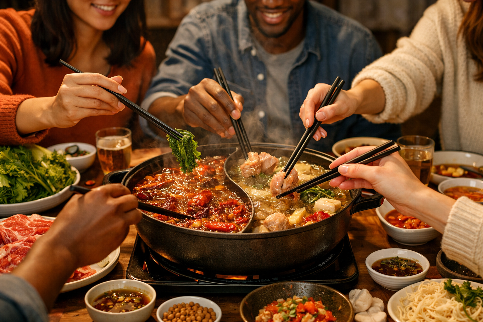 Group sharing a bubbling hotpot dinner