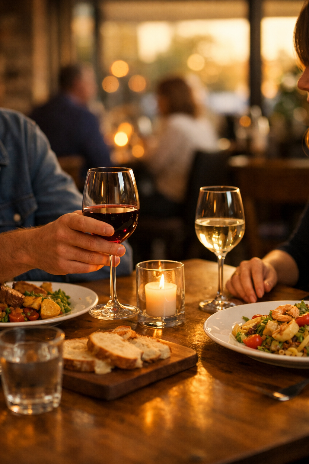 Two people sharing a candlelit dinner