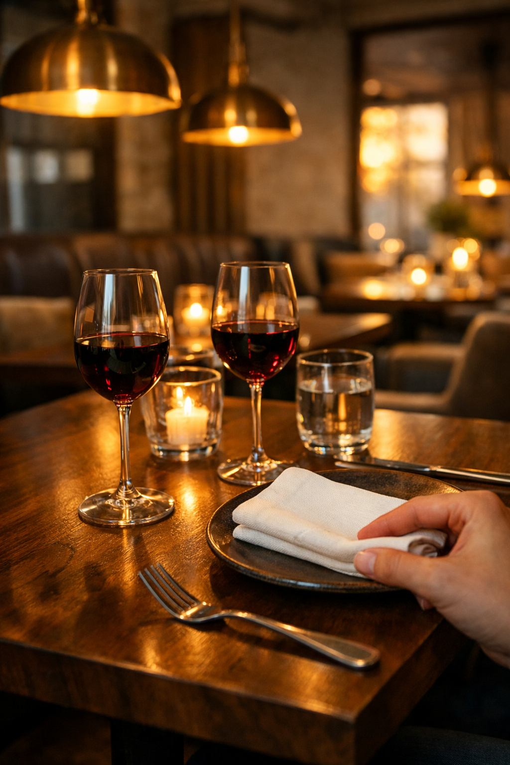 Warm restaurant dining room set for a first date